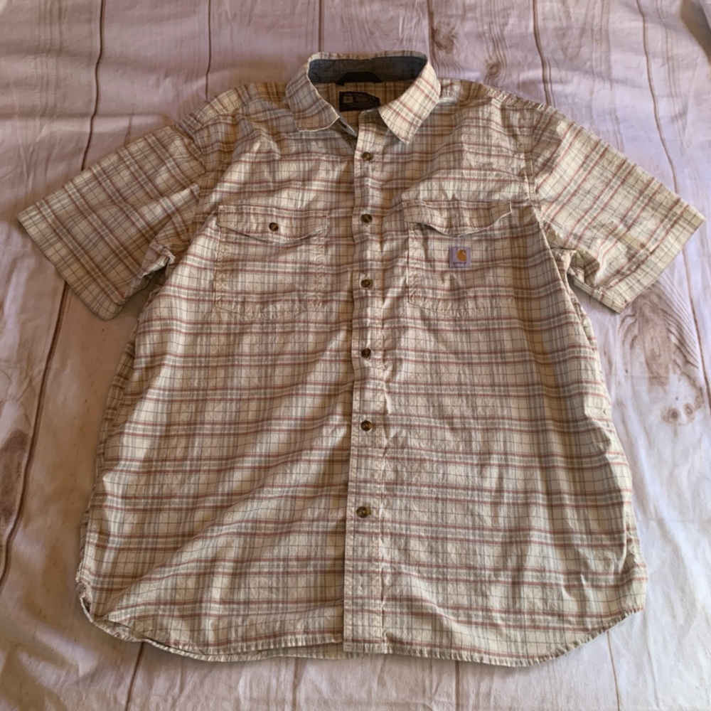 Carhartt Relaxed Fit Cream Gray Plaid Short Sleeve Shirt Size XL